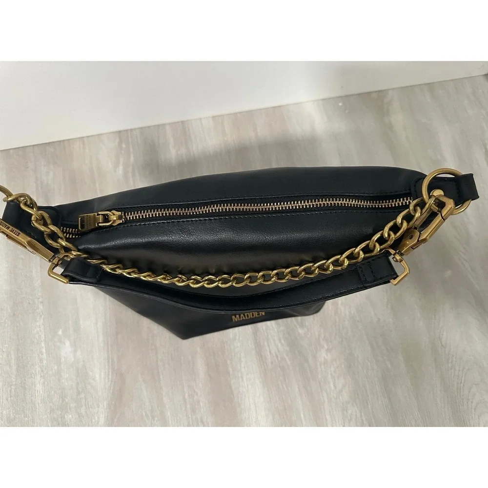 Steve‎ Madden Black Faux Leather Shoulder Bag Gold Chain Accent